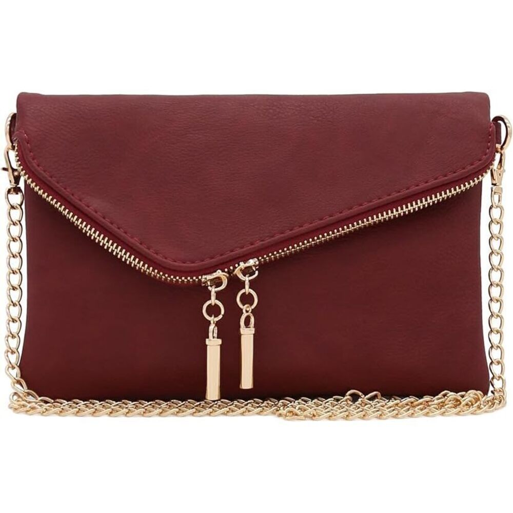 Envelope Wristlet Clutch Crossbody Bag With Chain Strap (Burgundy) One Size